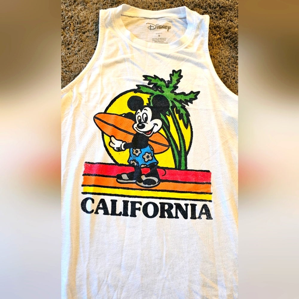 Disney Retro Mickey Mouse Surfboard White Muscle Tank Top, Size Small, Beach